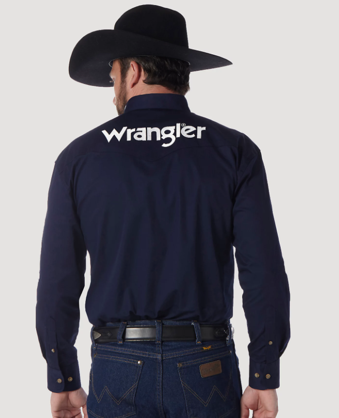 Navy - Men's Wrangler Logo Long Sleeve Button Down Solid Shirt