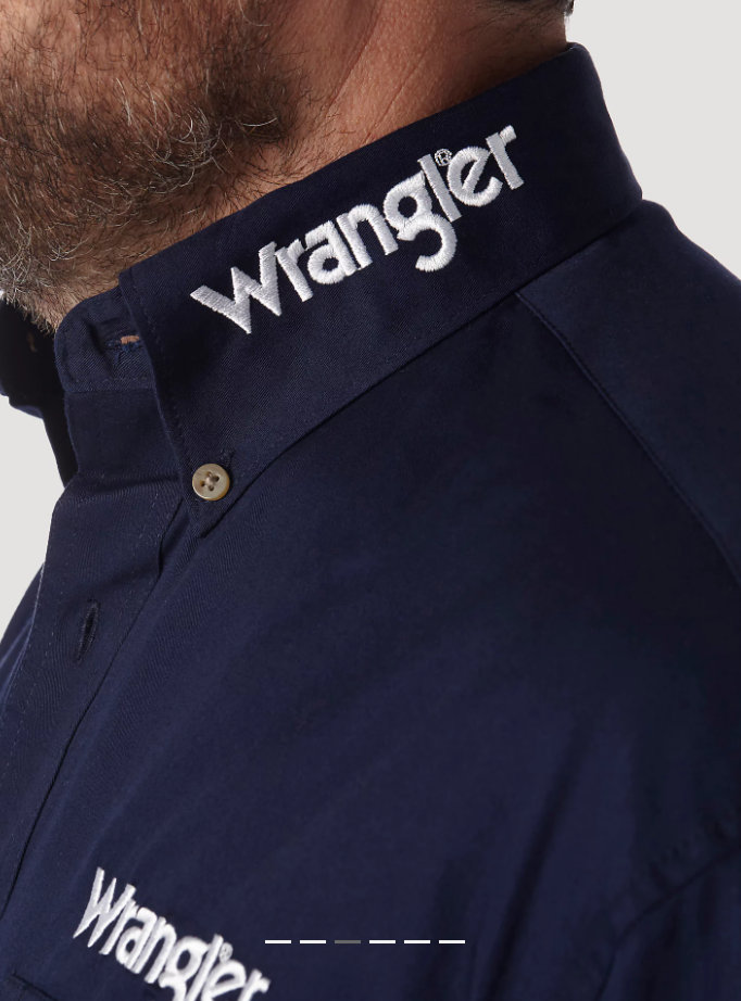 Navy - Men's Wrangler Logo Long Sleeve Button Down Solid Shirt